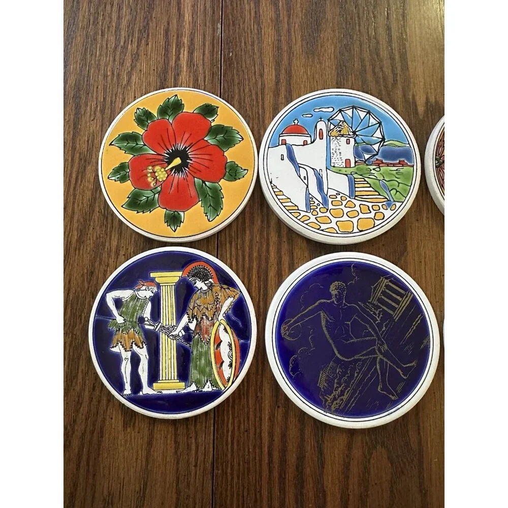 8 Vintage Smaltotechniki & Thanos Ceramic Greek Round 3.5